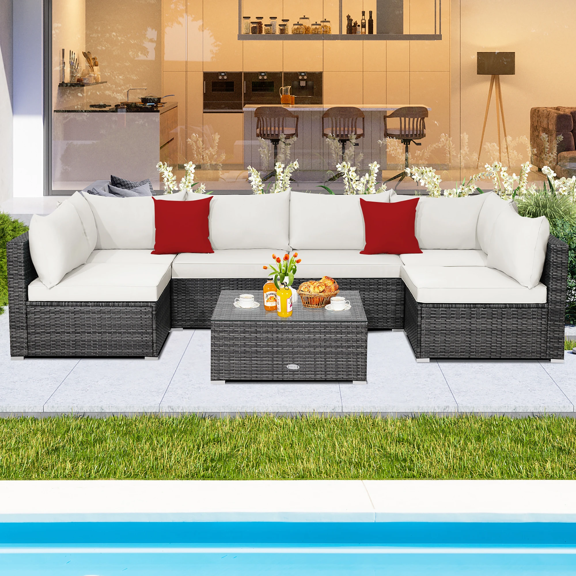 7PCS Patio Rattan Furniture Set Sectional Sofa Cushioned Off White