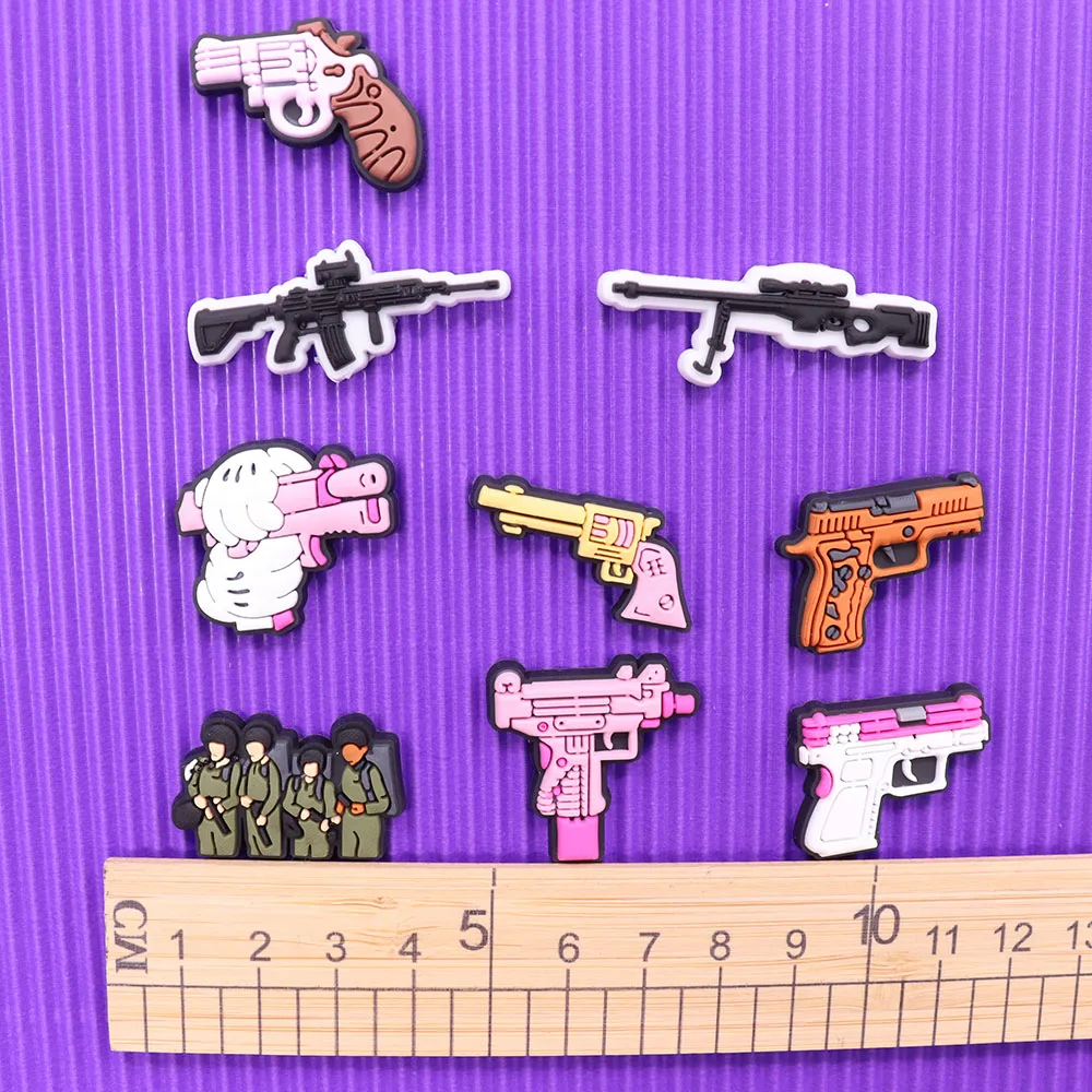 Mix 50pcs PVC Shoe Charms Cartoon Gun Hand Soldiers Buckle Clog Fit Wristband Garden Shoes Button Decoration Slipper Accessories