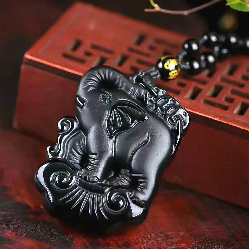 Natural Black Obsidian Elephant Pendant Beads Necklace Fashion Charm Jewellery Hand-Carved Ruyi Amulet Gifts for Her Women Men