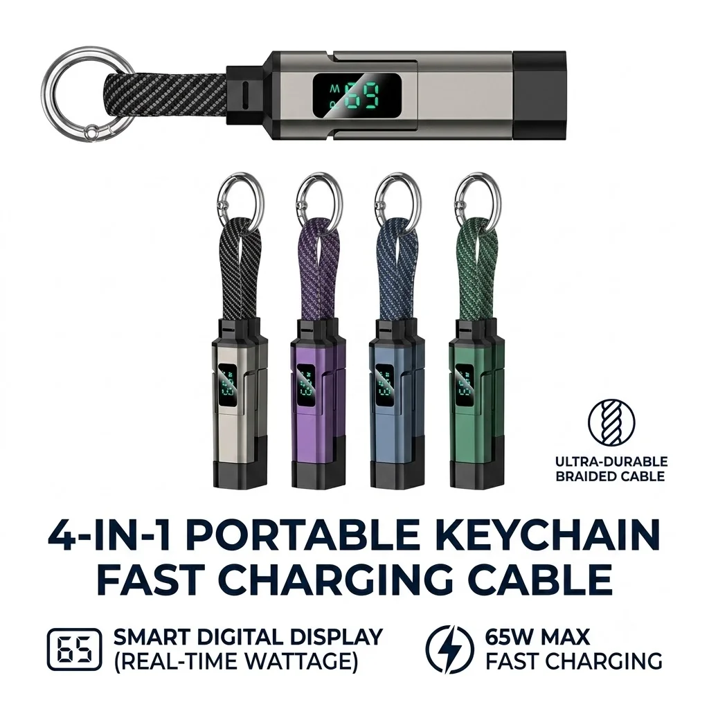 4 in 1 Keychain Fast Charging Cable 65W LED Digital Display Braided USB C Data Cable Portable Charger Wire