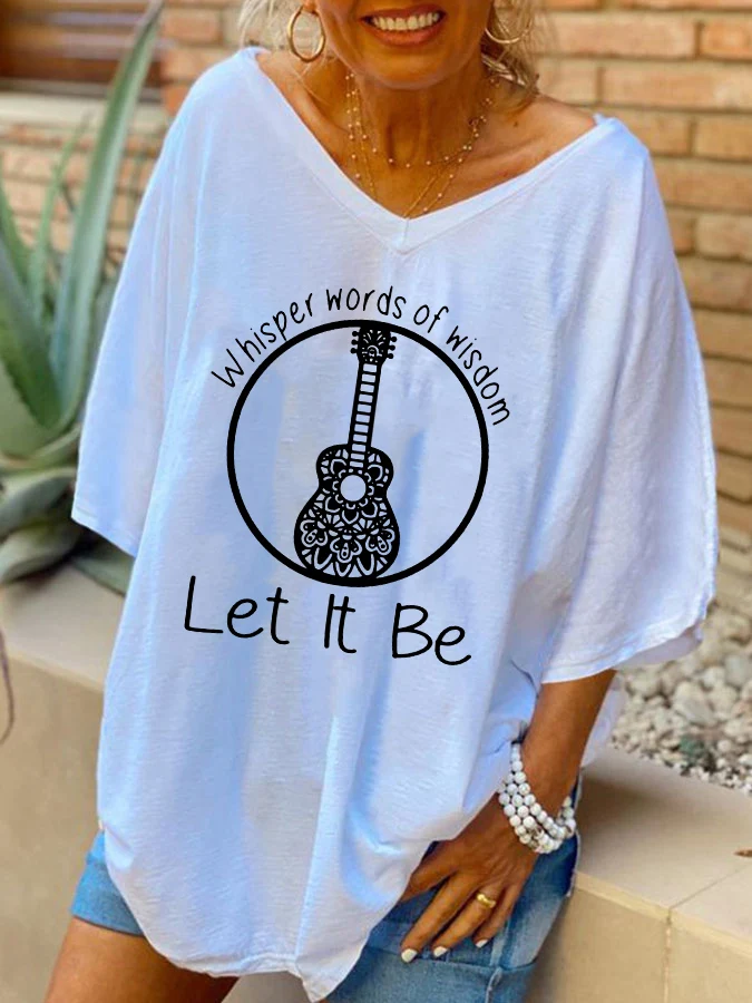 Ilstile Women's Whisper Words of Wisdom LET IT BE Mandala Guitar Print V-Neck Short Sleeve Casual T-Shirt Summer Tees