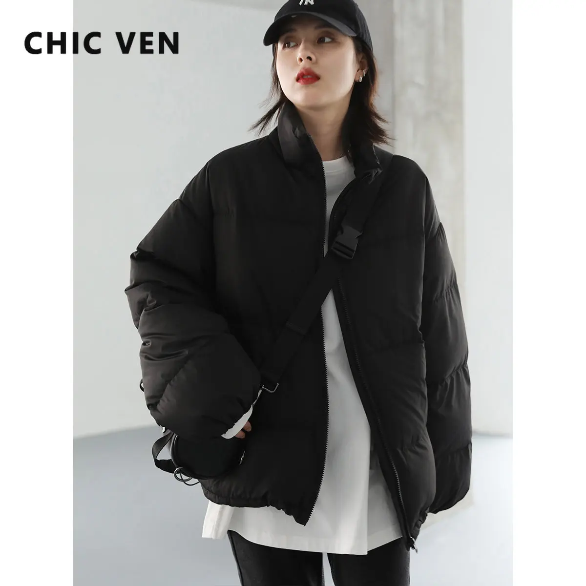 

CHIC VEN Fashion Women's Bread Down Jacket Short 90 White Duck Down Thick Warm Down Coat for Women 2022 Winter Loose Overcoat