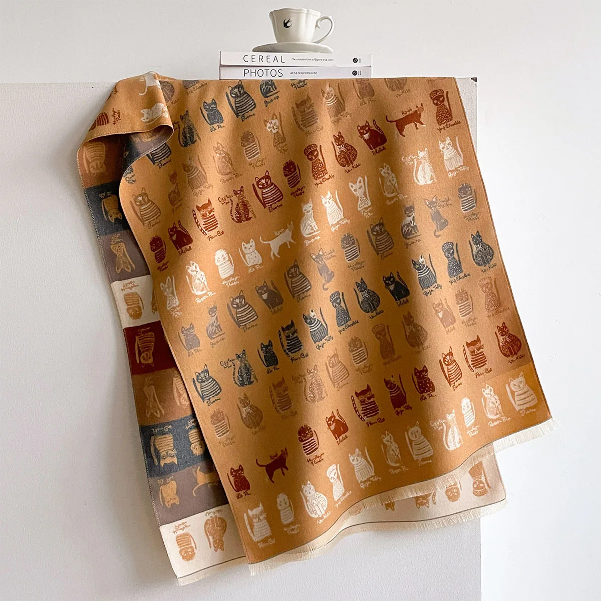 Winter Ladies Elegant Retro Cute Cartoon Kitten With Script Cashmere Feel Scarf Large Size Soft Fringed Shawl Wrap For Daily