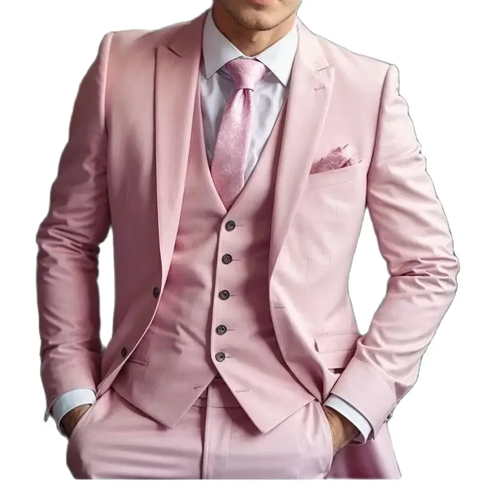 Pink Wedding Men Suits 2024 Single Breasted Wedding Groom Tuxedo Custom Made Peak Lapel 3 Piece Jacket with Pants Vest