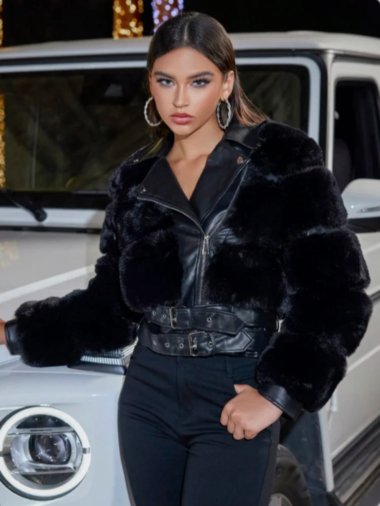 D&M 2024 Women  Faux Fur PU leather Top Coat Autumn Winter High Quality Slim fit Coat Faux Fur Jacket Ladies furry Fashion Tops
