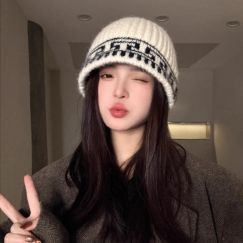 Topi pullover wanita rajutan, musim gugur dan musim dingin, hangat, topi ember kasual, topi nelayan, topi rajutan