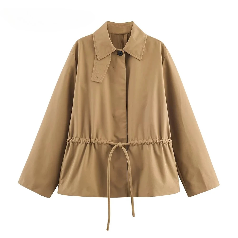 

KONDALA Chic Autumn Streetwear Khaki 2025 Women Jacket Straight Drawstring Stand Collar Fashion Female High Street Short Outwear