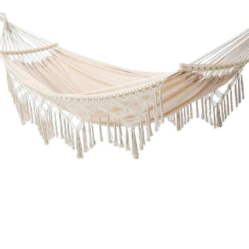

2 Person Portable Tassel Hammock with Curved Bar Outdoor Camping Indoor Leisure Swing for Backyard Garden Travel Hanging Bed