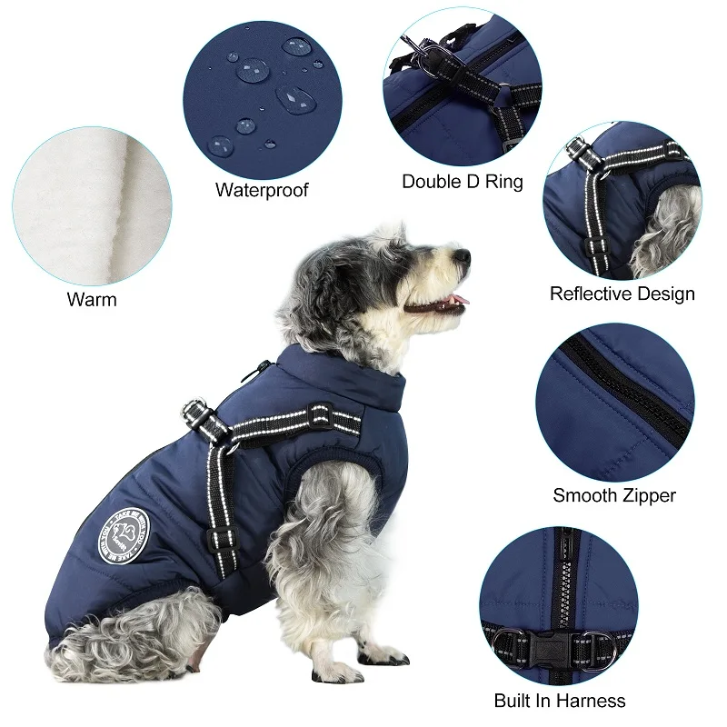 Winterhondkleding voor kleine grote honden Warme fleece grote hondenjas Waterdichte huisdierjas met harnas Chihuahua puppykostuum