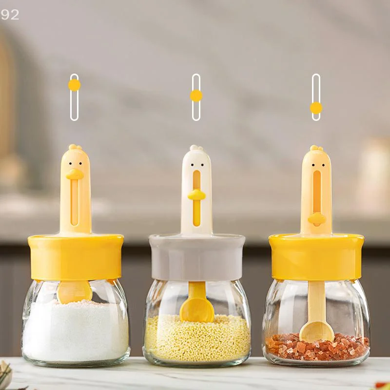 330ml Glass Seasoning Bottle With Cartoon Duck Telescopic Spoon Household Kitchen Salt Storage Box Leak Proof Moisture-proof