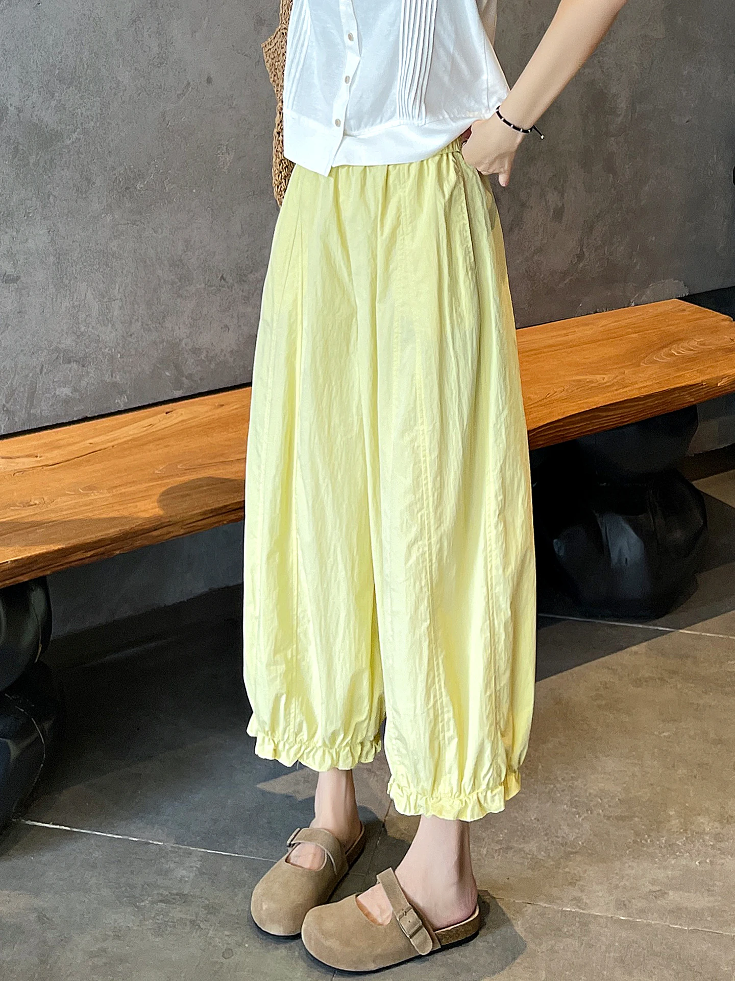 

High Waist Wide Leg Pants Women's Summer Thin Ice Silk Nine Points Harlan Pants Korean Style Simple Color Lantern Pants