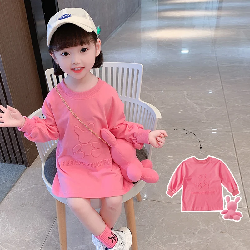 Vestido de Camiseta de Manga Longa com Estampa de Coelho para Meninas, Estilo Coreano, Versão de Outono, Vestido de Algodão c...