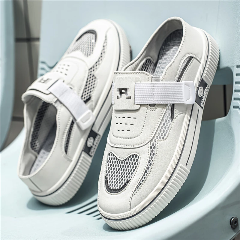

Summer Mesh Mens Casual Shoes Fashion Breathable Half Shoes Lightweight Lazy Walking Sneakers Platform Board Shoes Men's Sandals