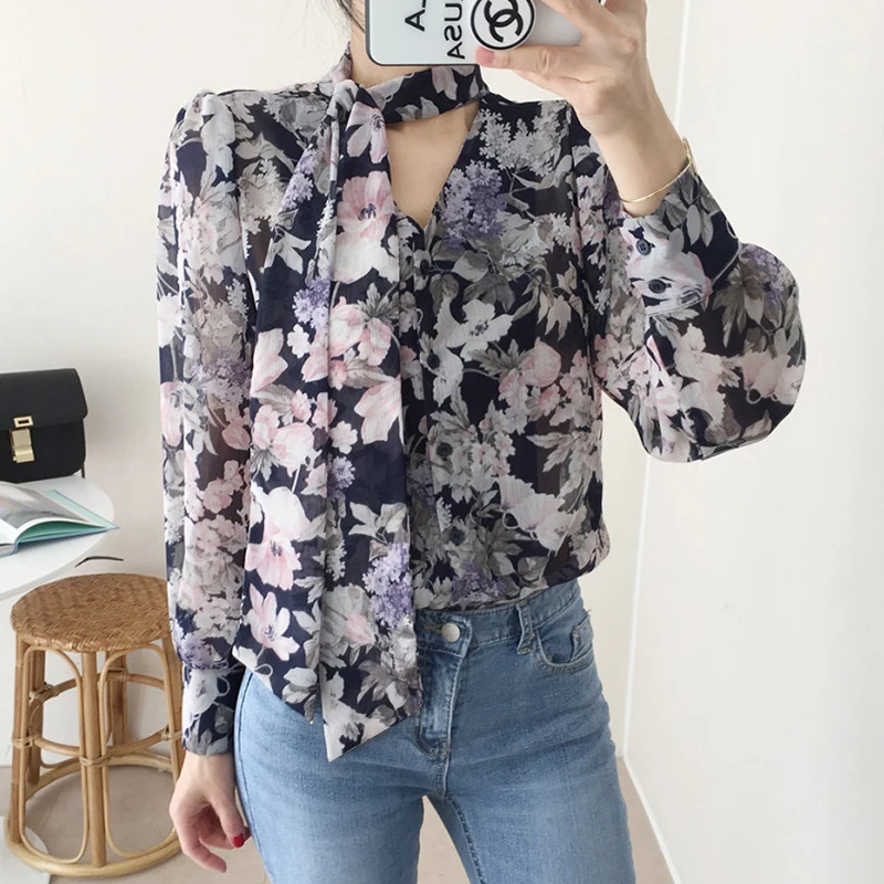 Chic Chiffon Shirts Long Sleeve Printed Floral Tie Blouse Female 2025 New Loose Casual Office Ladies Tops