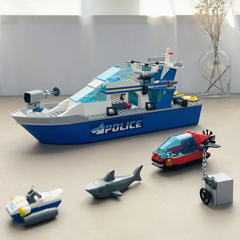 

City Series Sea Speedboat Police Patrol Boat 60277 Same UAV Building Blocks Toys Bricks Model Birthday Gifts for Children DIY