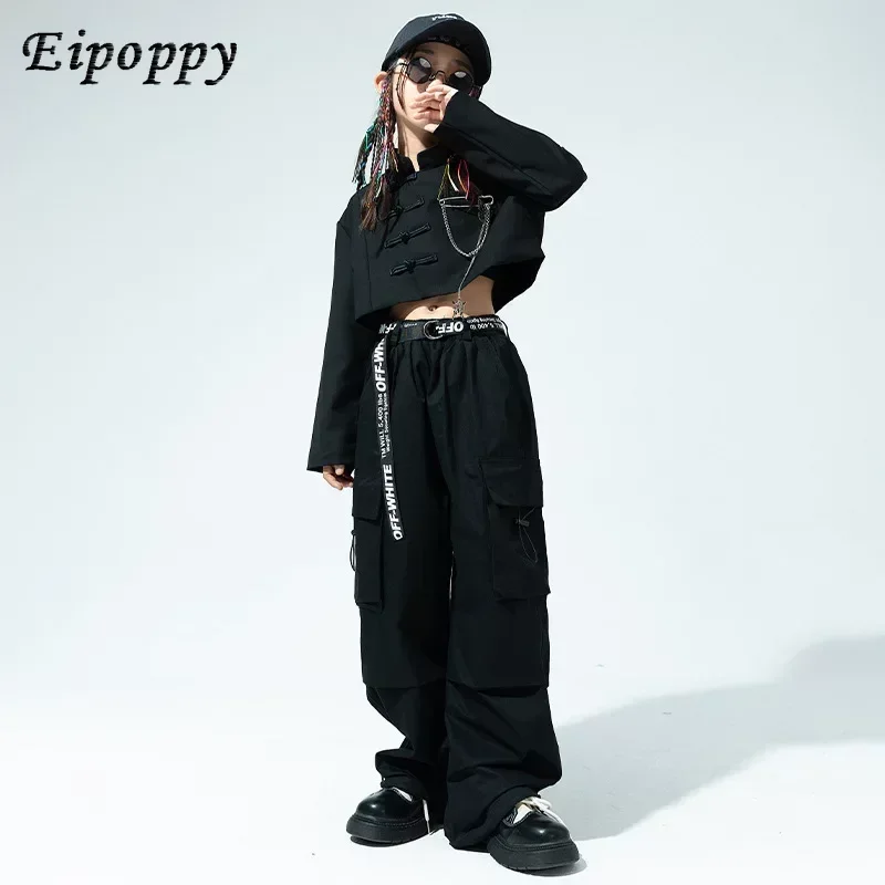 قميص بزر ضفدع أسود وأعلى محصول للفتيات ، سراويل بضائع واسعة غير رسمية ، ملابس رقص الجاز ، ملابس الرقص