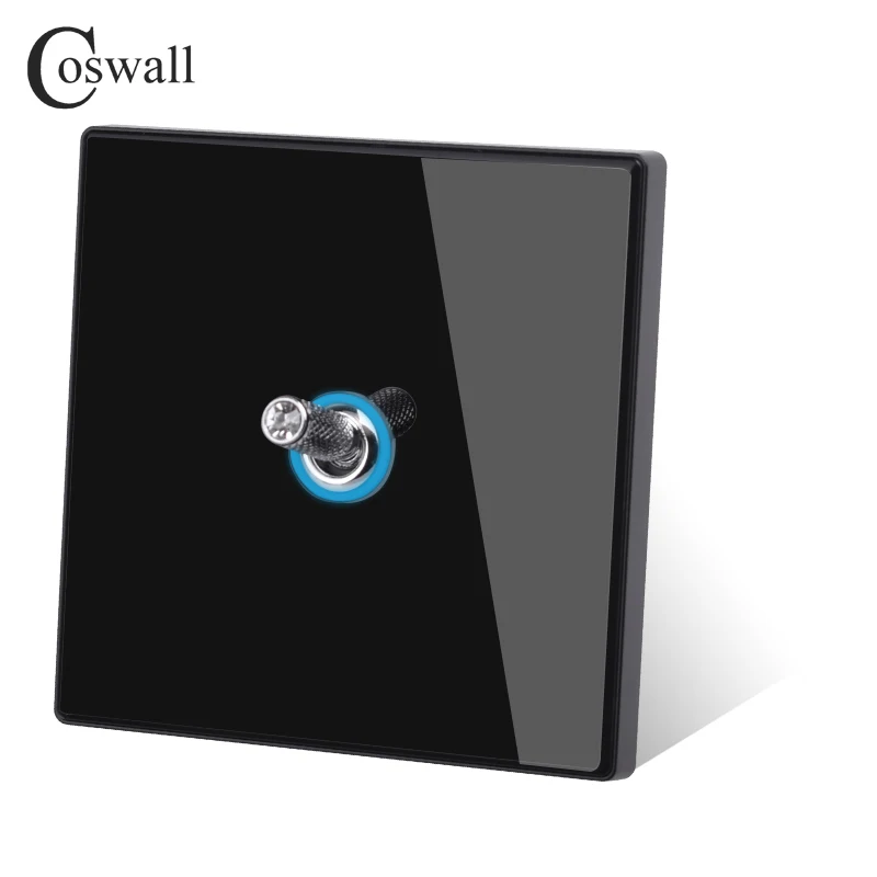 Coswall Glass Black Toggle 1 2 3 4 Gang 1 2 Way Wall Light Switch Blue Aperture LED HDMI USB Charging Outlet TV Satellite Socket