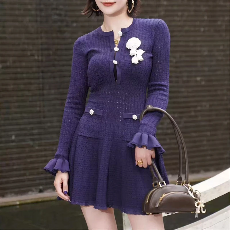 

The new summer women's round-neck navy blue openwork crochetKnitted long-sleeved dress y2k is fashionable and elegant mini skirt
