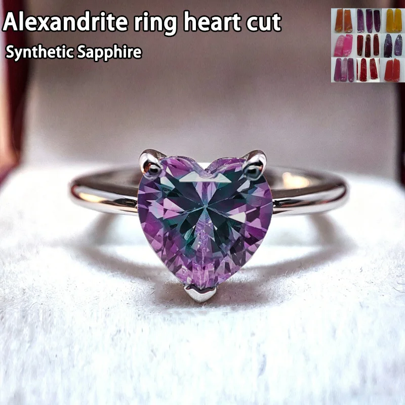 925 sterling silvery luxury bohemian style ring with heart-shaped Synthetic Sapphire Alexandrite 1-2CT for women birthdays,