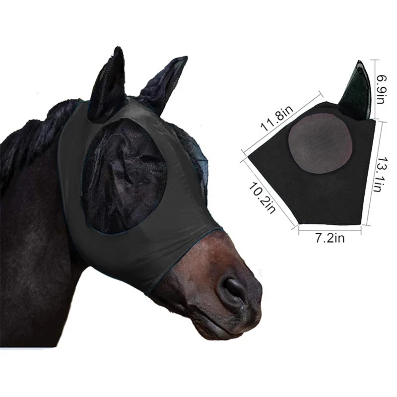 Breathable Washable Soft Fabric Anti-insect Belt Ear Anti-fly Eye Protector Net Horse Fly Mask Head Cover Smooth Elastic Hood