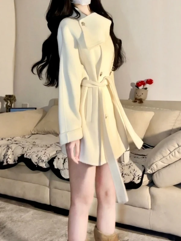 

Ele Gentle Wind Woolen Coat with Belt Faionable Small Size Waist-Cinching Autumn Winter Outerwear for Women