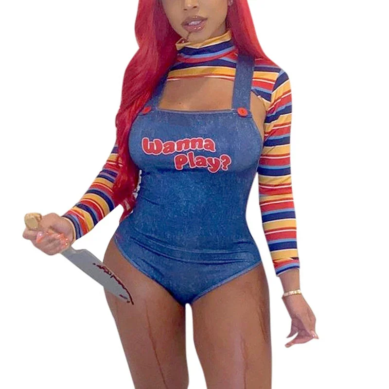 Scary Nightmare Killer Doll Costume Set para mulheres, fantasias de Halloween, quer jogar, personagem do filme Bodysuit, boneca Chucky