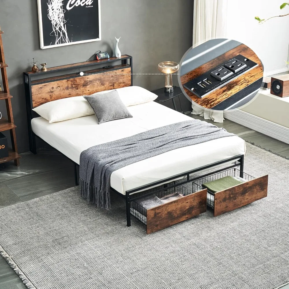 

Full Size Bed Frame, Storage Headboard with Charging Dock, Platform Bed with Two Drawers, Brown