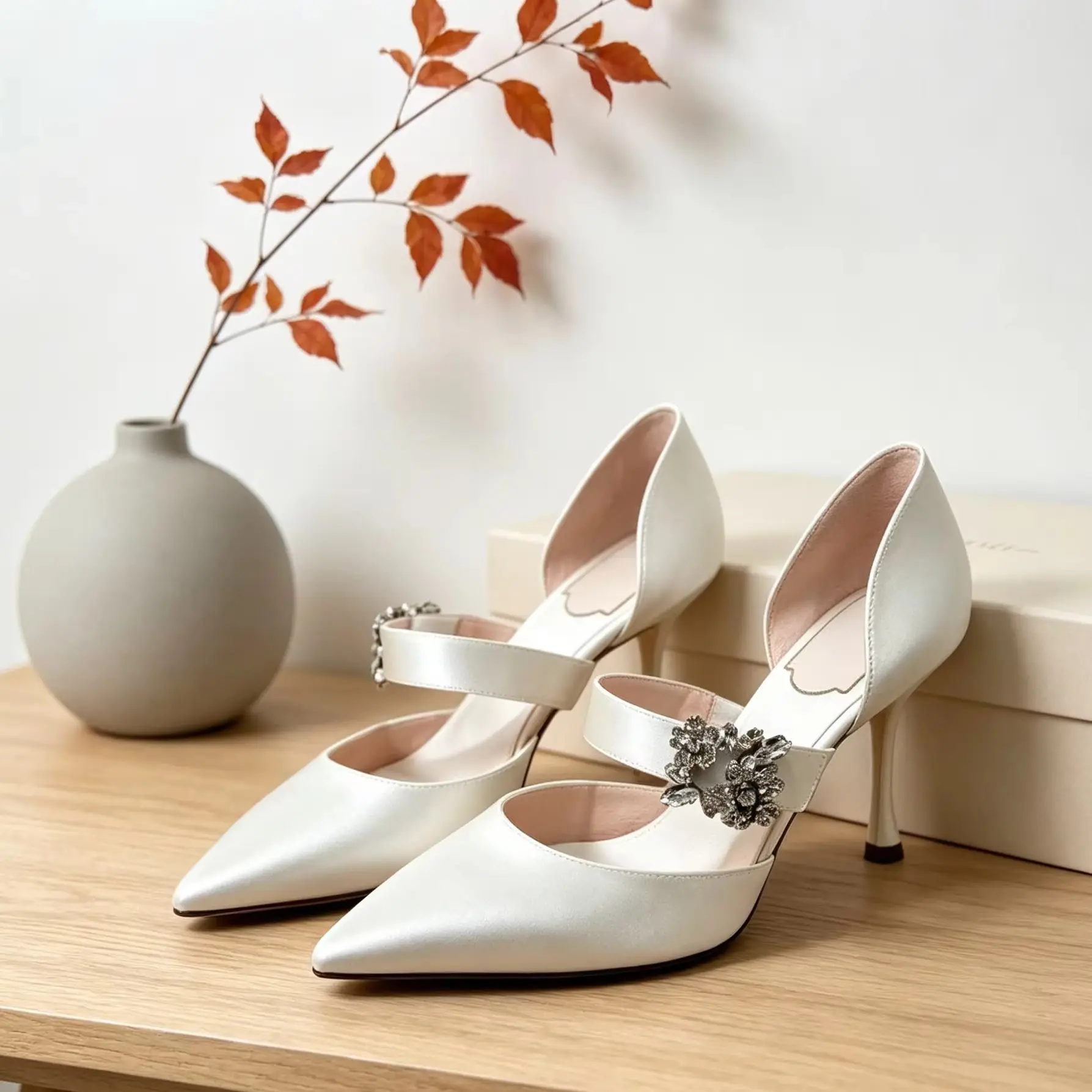Women's Ivory Satin Pointed Stiletto High Heels Pumps Floral Crystal Buckle Mary Jane Elegant Wedding Ladies Sandals Party Shoes