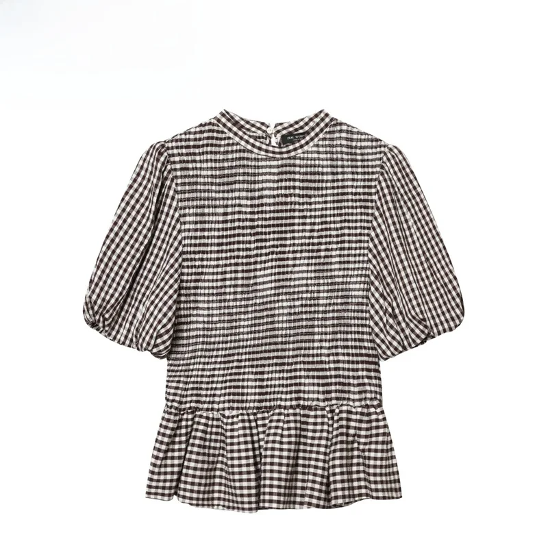 Women's Bubble Sleeve Short Sleeve Small Grid Pattern Honeycomb Top Fashionable European Style Skin-friendly Breathable T-shirt