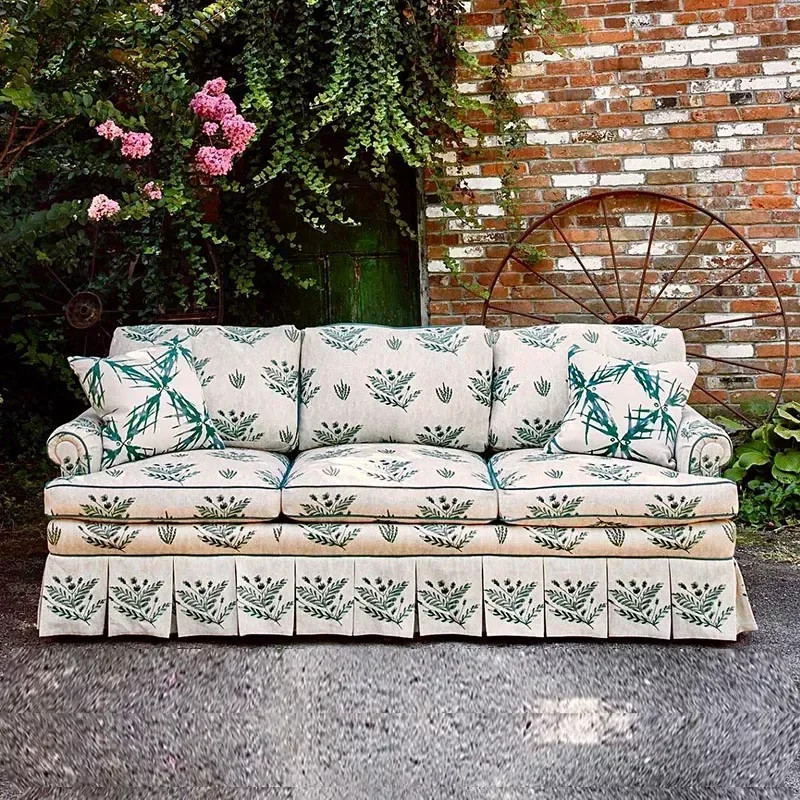 Retro Fabric Sofa Country Print Cotton Linen 3 Seater Solid Wood Frame Large Living Room Furniture for Apartment Home