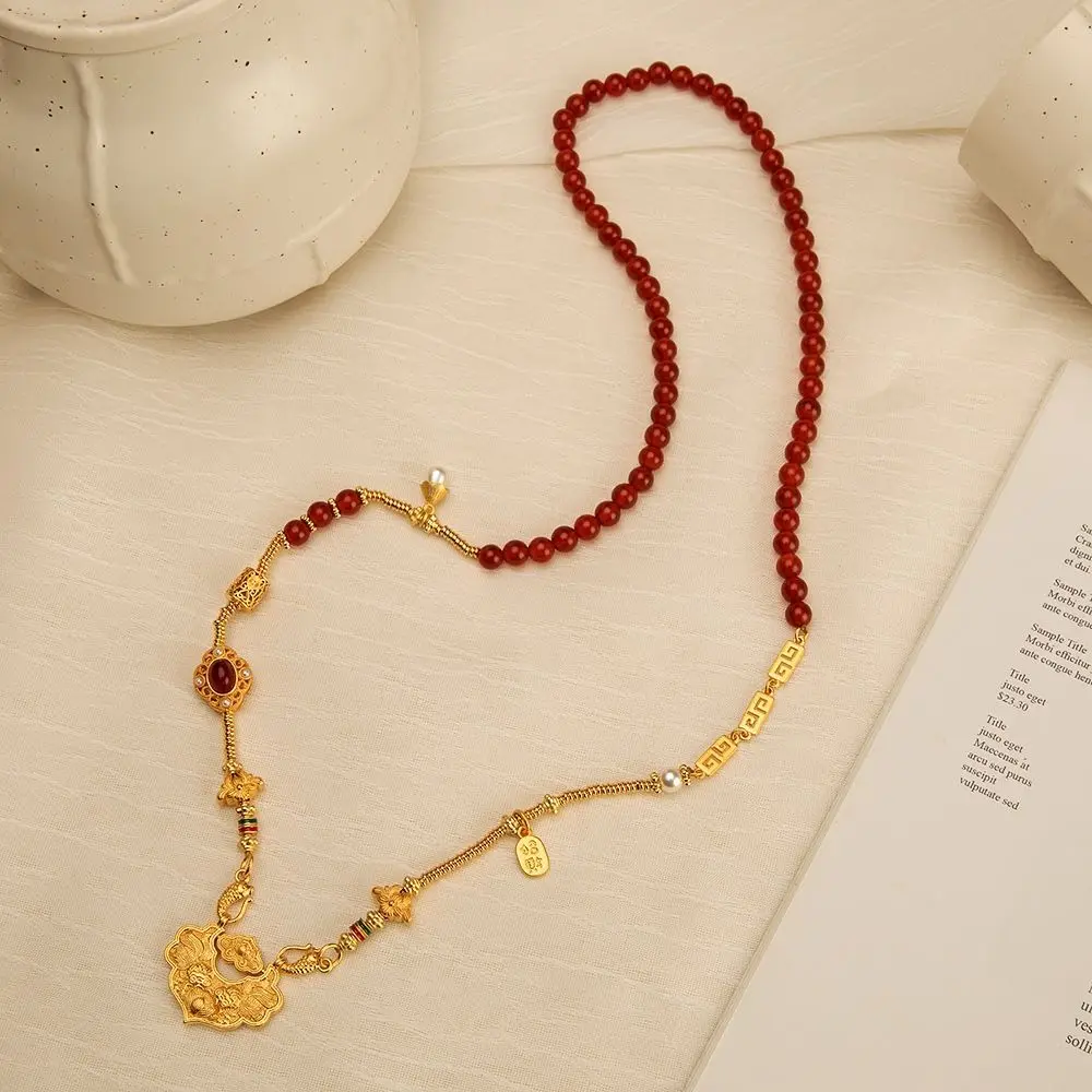 

2025 new koi Ruyi lock Pisces buckle agate round beads ancient sand gold accessories sweater chain for gifts to friends