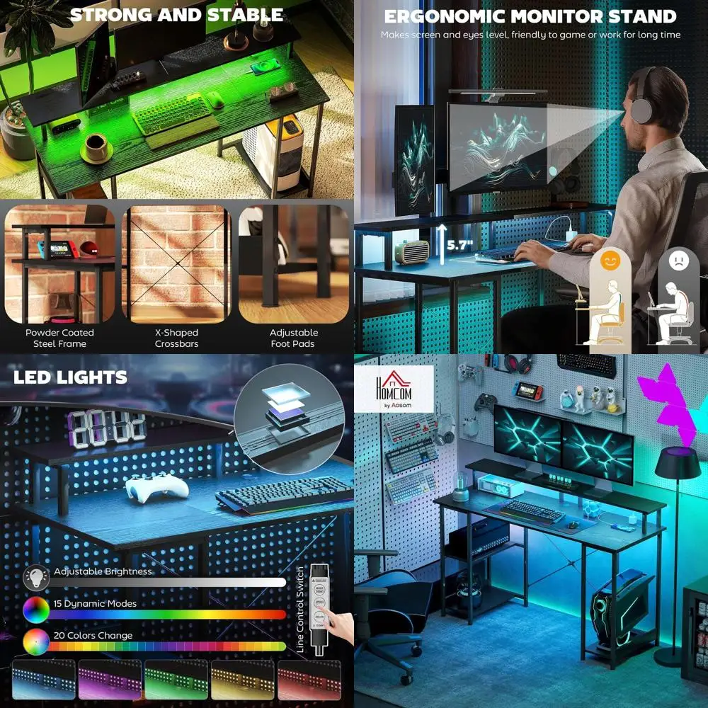 

55" Gaming Desk with Power Outlets and LED Lights, Reversible Computer Desk with Monitor Stand and 2-Tier Storage Shelves, Cable