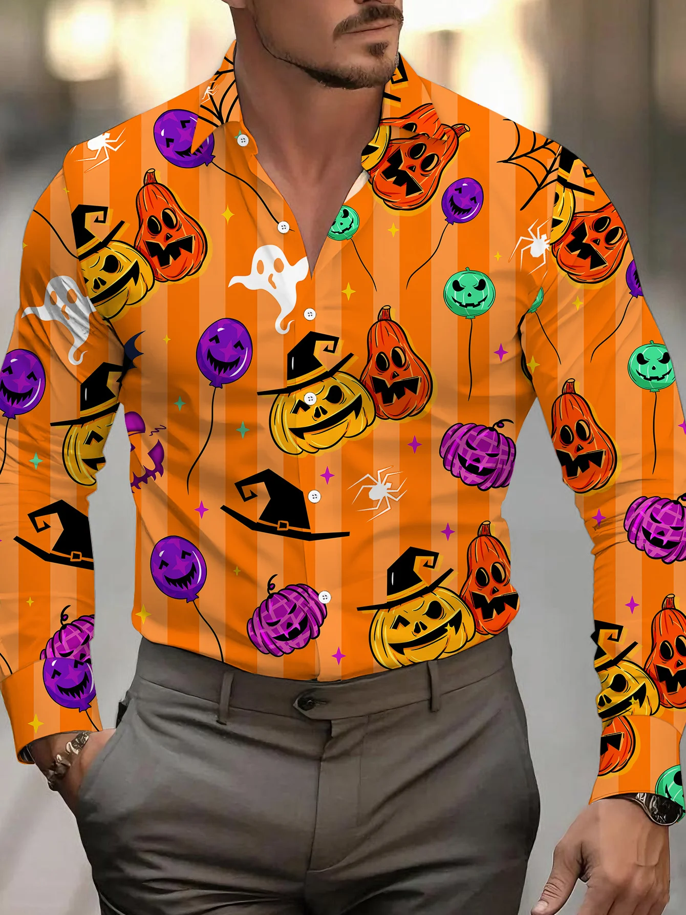 Men Long Sleeve Shirt Halloween Pumpkin Ghost Spider Print Autumn Fashion Casual Holiday Party Wear Button Down Top Mens Clothes