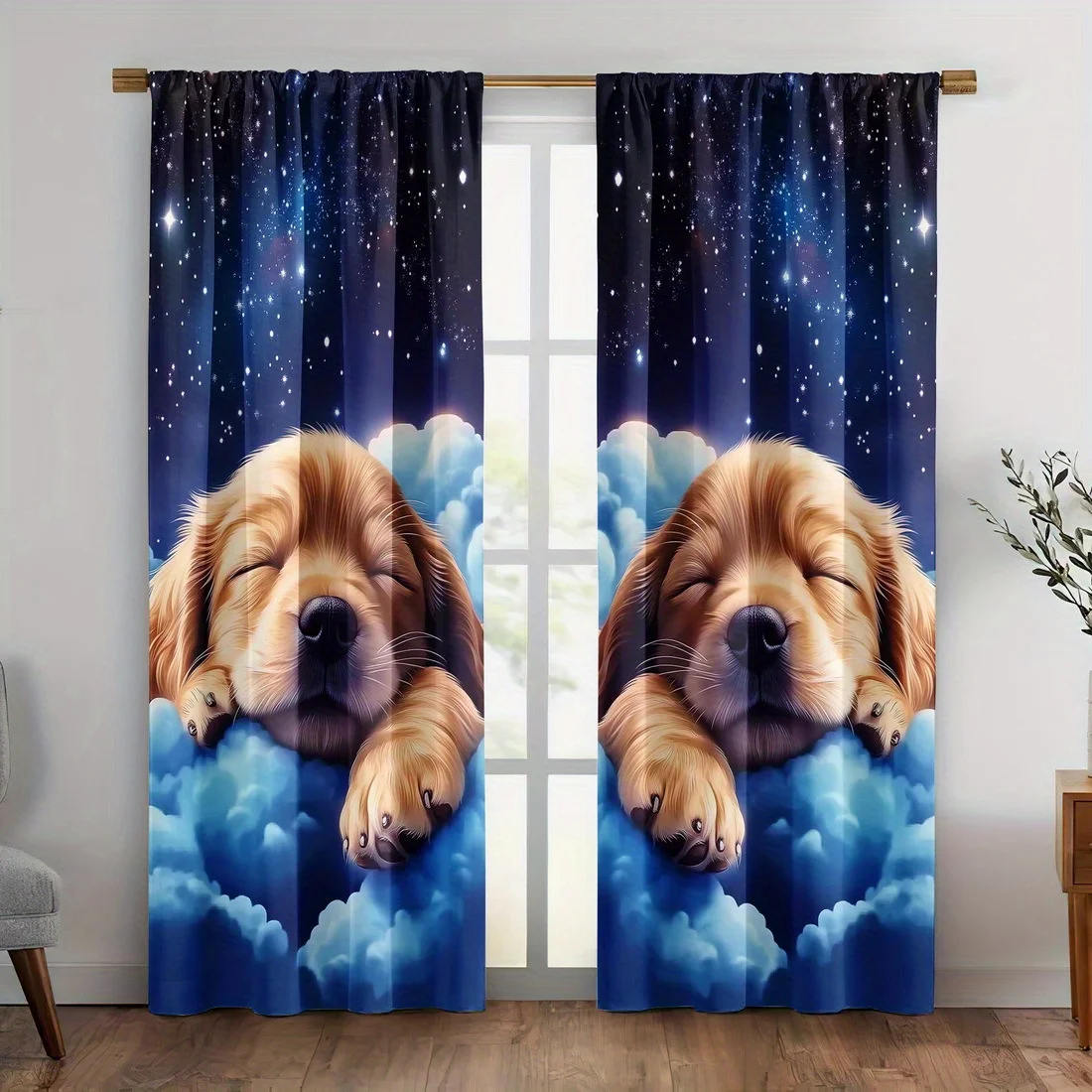 Cute Sleeping Puppy on Clouds Curtains, Dreamy Starry Sky Print Blackout Drapes for Kids Room, Sweet Dog Home Decor