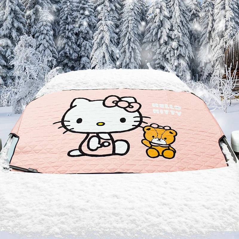 Kawaii Car Front Windshield Protective Cover Cartoon Kt Cat Car Supplies Winter Window Antifreeze Snow Protection Rainproof Hood