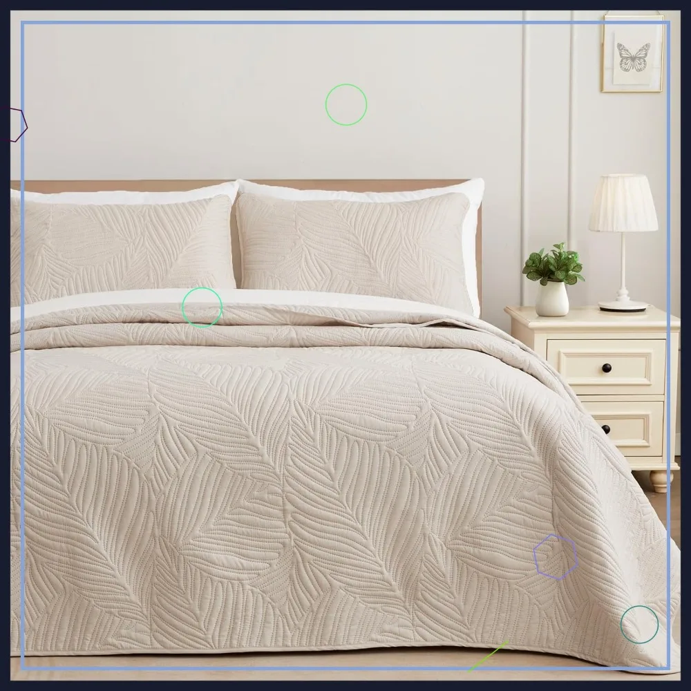 

Легкий бежевый комплект стеганых одеял, увеличенный размер King Size для всех сезонов, из мягкого микроволокна с узором в виде листьев, 3 предмета.