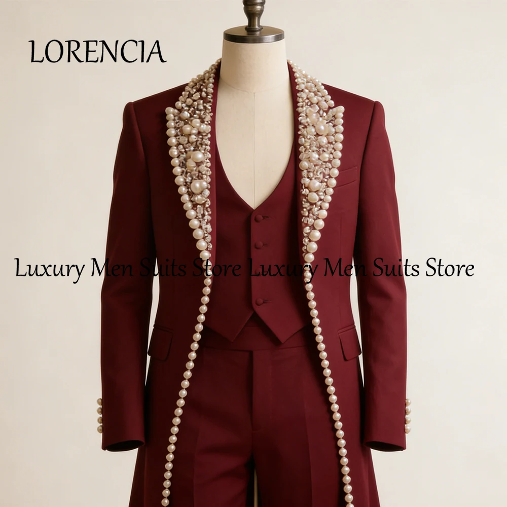 

Luxury Pearls Suits for Men 3 Pcs Long Jacket Crystal Tuxedos Set Wedding Party Outfits Customized Blazer Pants costumes homme