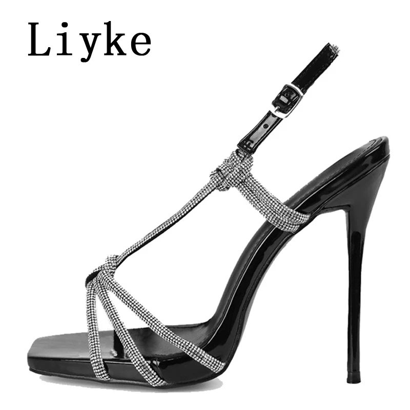 Liyke Sexy Golden Crystal Back Buckle Strap Sandals Women Summer Party Nightclub Stripper Heels Glitter Rhinestones Ladies Shoes