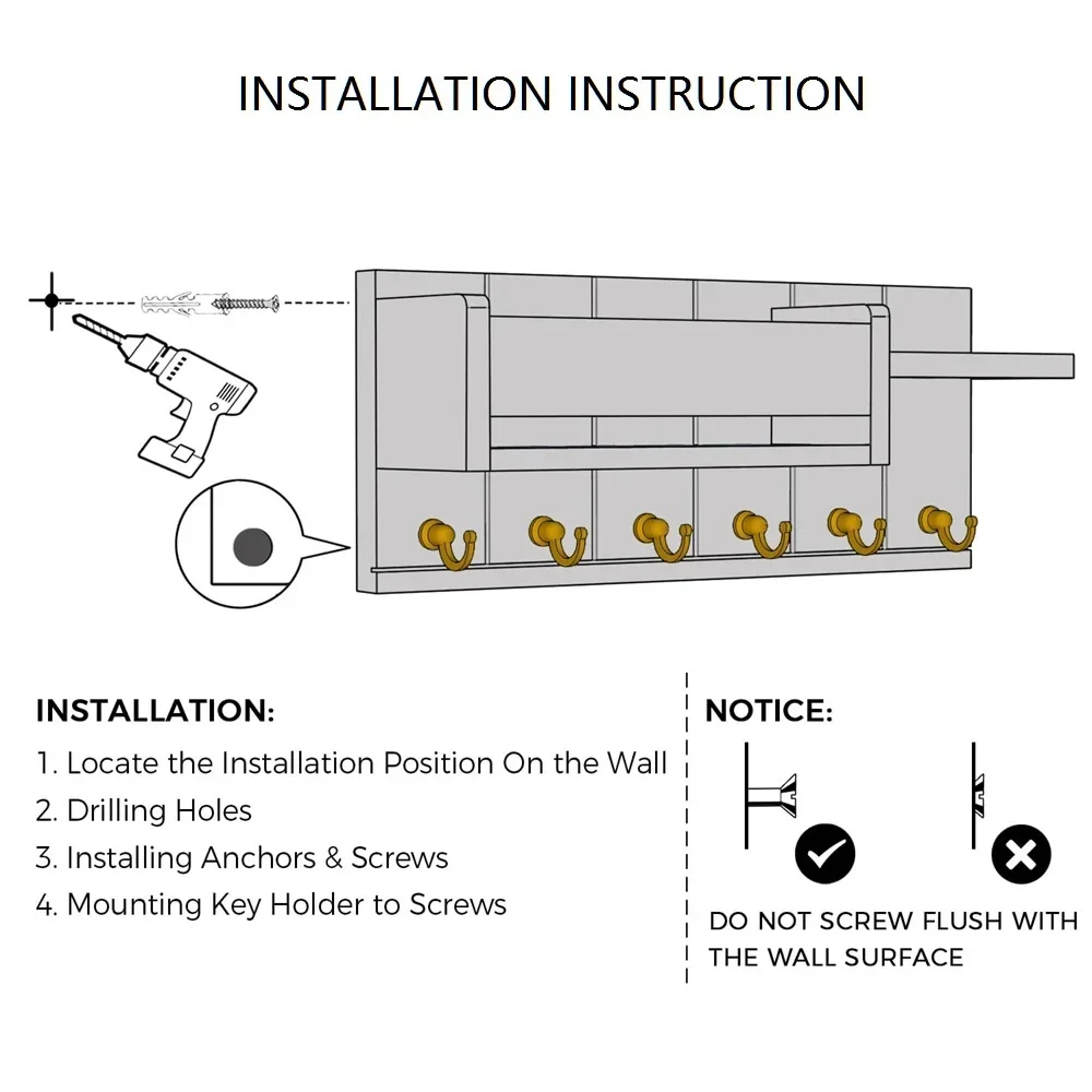 رف مفاتيح مزخرف ومنظم بريد مع 6 خطافات مفاتيح حامل مفاتيح من الخشب الريفي مثبت على الحائط مع رف لمدخل غرفة المعيشة #6