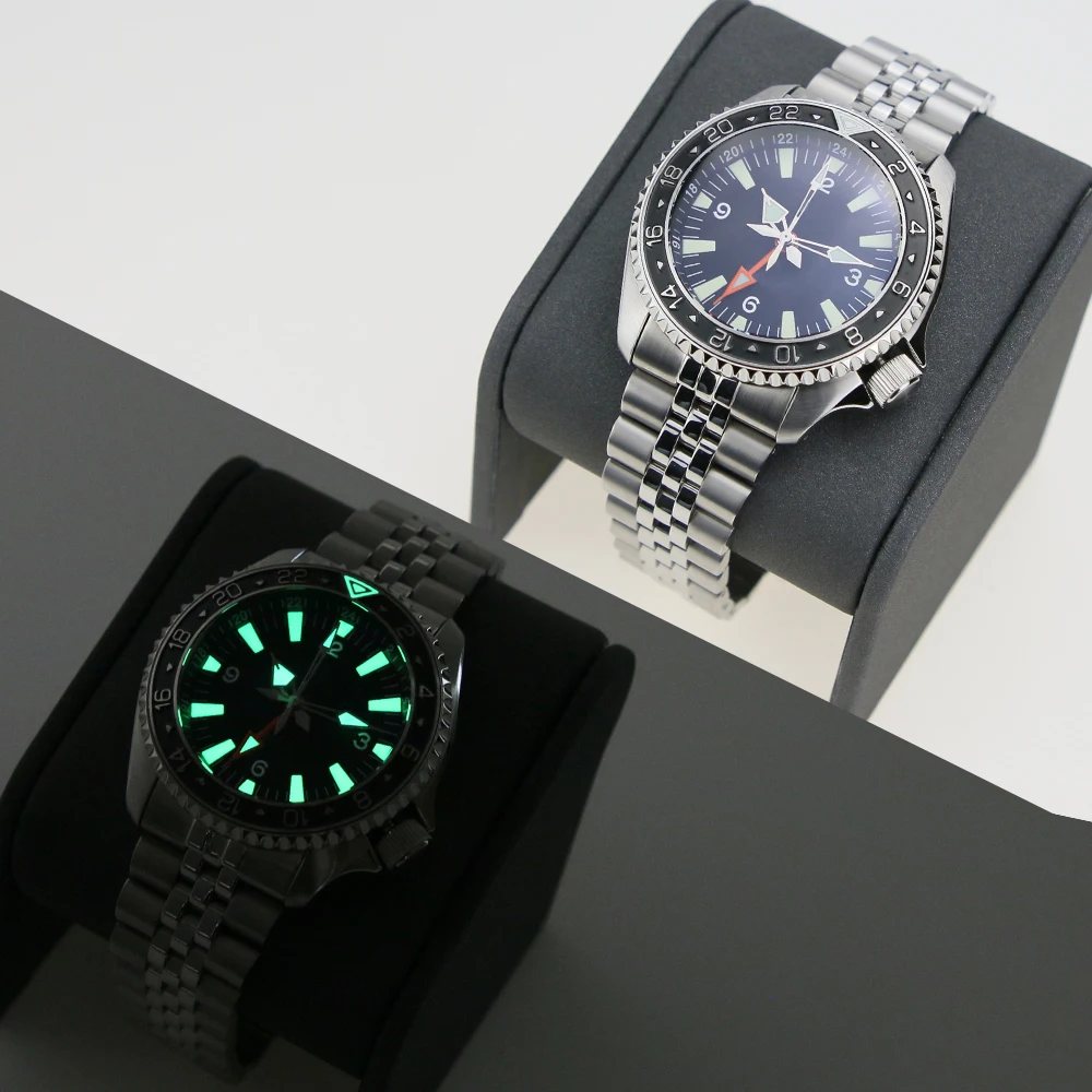 GMT Style 316L Stainless Steel 38mm Raised Number 12H Triangle Super BGW9 Blue Luminous Black  SXK007 Slope Silver Bezel Inserts