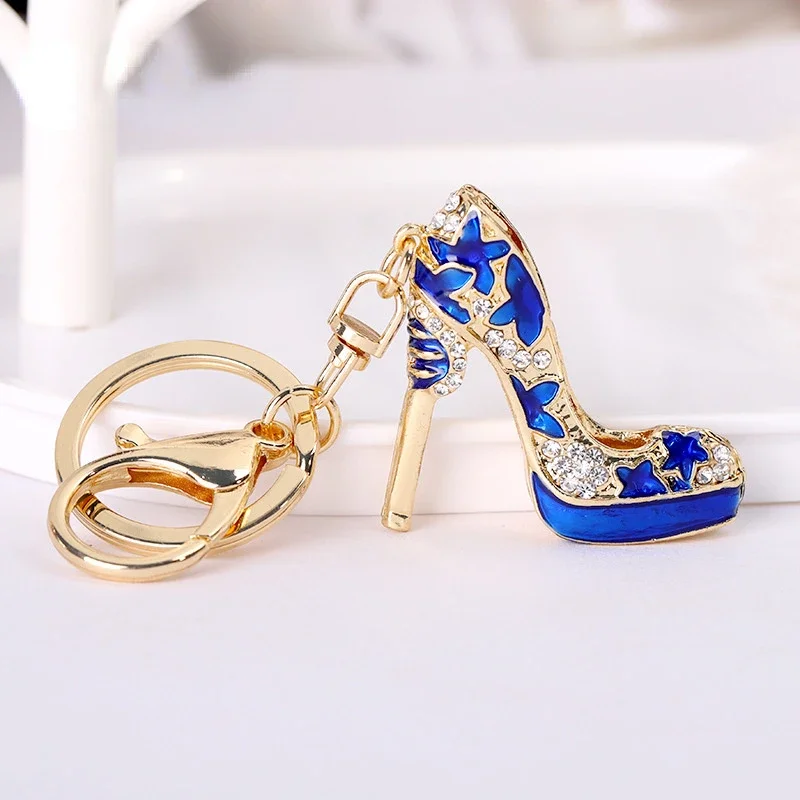 Cute Rhinestone Crystal Red Star High Heel Shoes Keychain Pentagram Shoes Key Chain Key Ring Holder Pendant Keyring