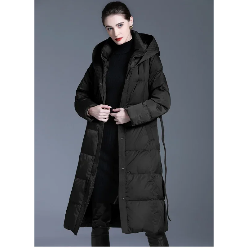 

Women Caramel Down Coats Hooded Belt Over-Knee Winter Loose Long Extra Thick White Duck High Collar Europe and America Parkas