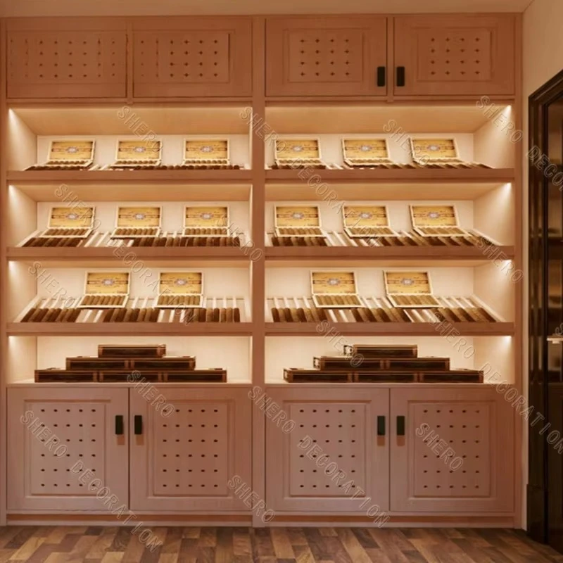 

High-end cigar retail store shelf design, factory manufactured duty-free shop furniture, cigar display case with LED lighting