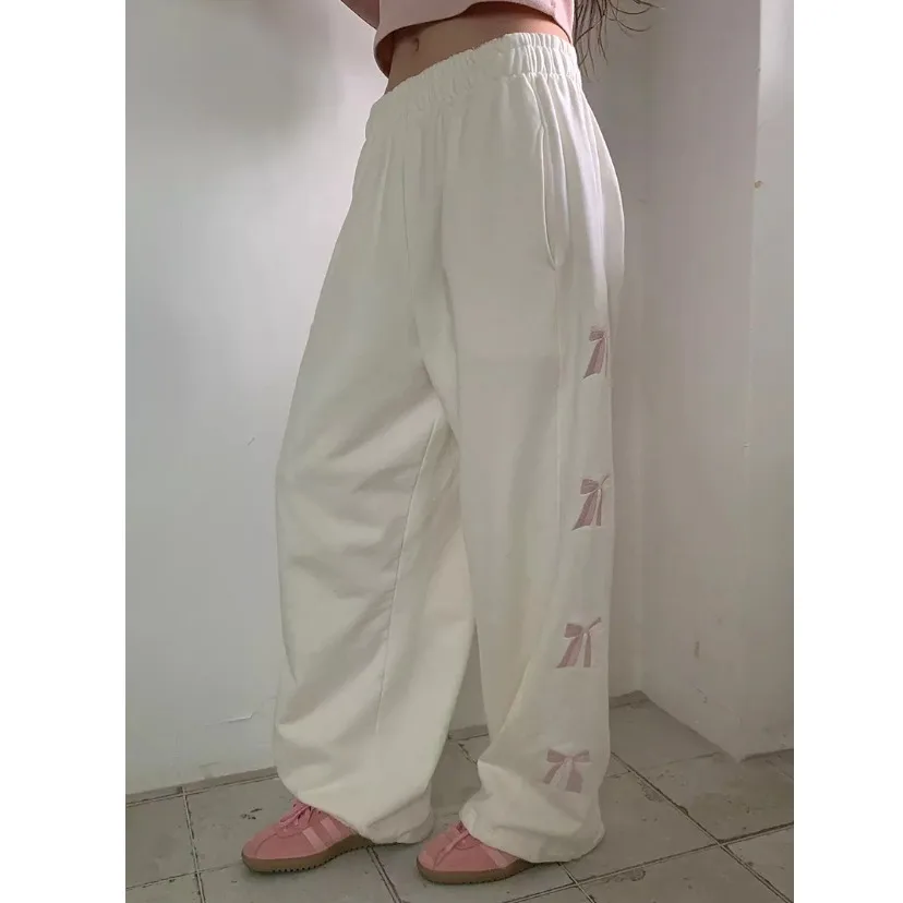 

2025 Summer Sweet Cool Korean Ins Embroidered Bow on Both Sides Thin Pants Elastic Waist Casual Long Trousers for Girls