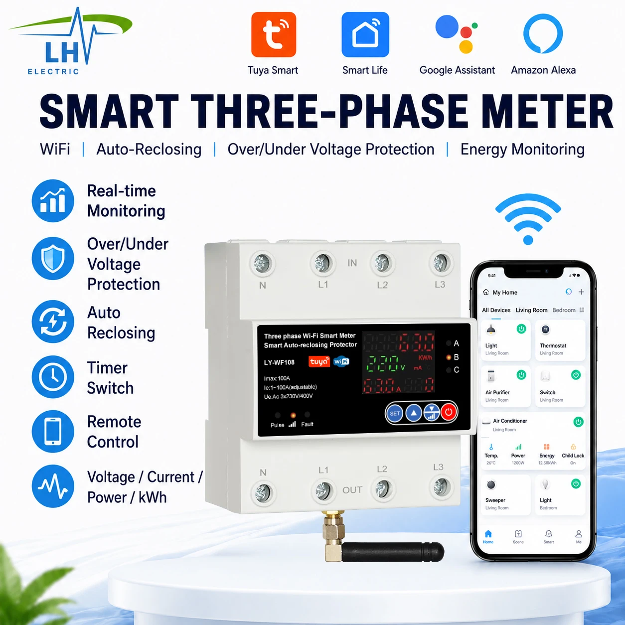 4P 100A Tuya WiFi Smart Circuit Breaker 3 Phase Auto Reclosing Over Under Voltage Protector Energy Meter Timer Switch