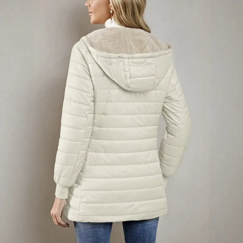 Women's Winter Parkas Solid Color Quilted Lamb's Wool Lined Zip Up Mid Length Parka Casual Elastic Cuff Warm Warm Hooded Coat