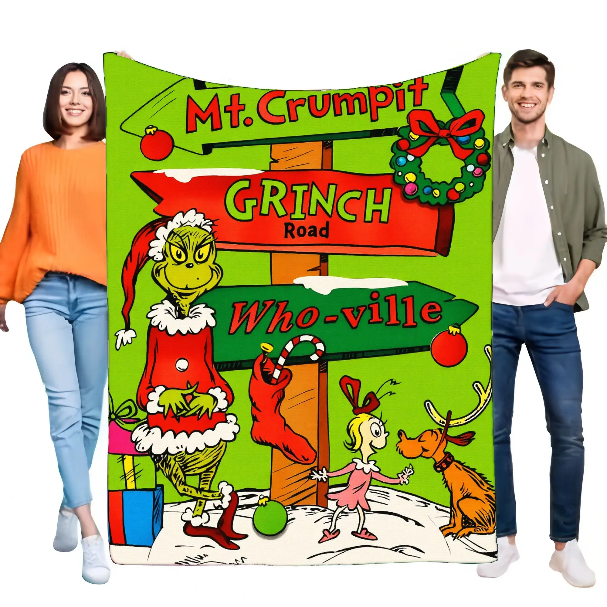 Cozy Grinch Themed Blanket Soft Lightweight Throw for Bed Sofa, Perfect Holiday Gift for Kids and Adults, Fun Decorative Plush B