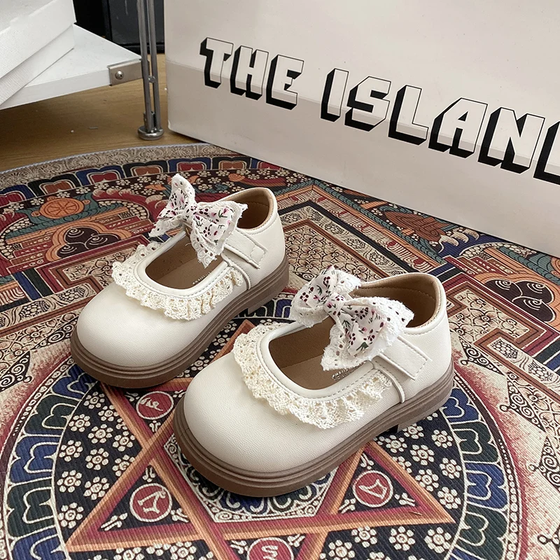 

Новые модные кожаные туфли для девочек на весну-осень 2026 года с кружевным бантом, повседневные туфли-балетки с круглым носком для принцесс