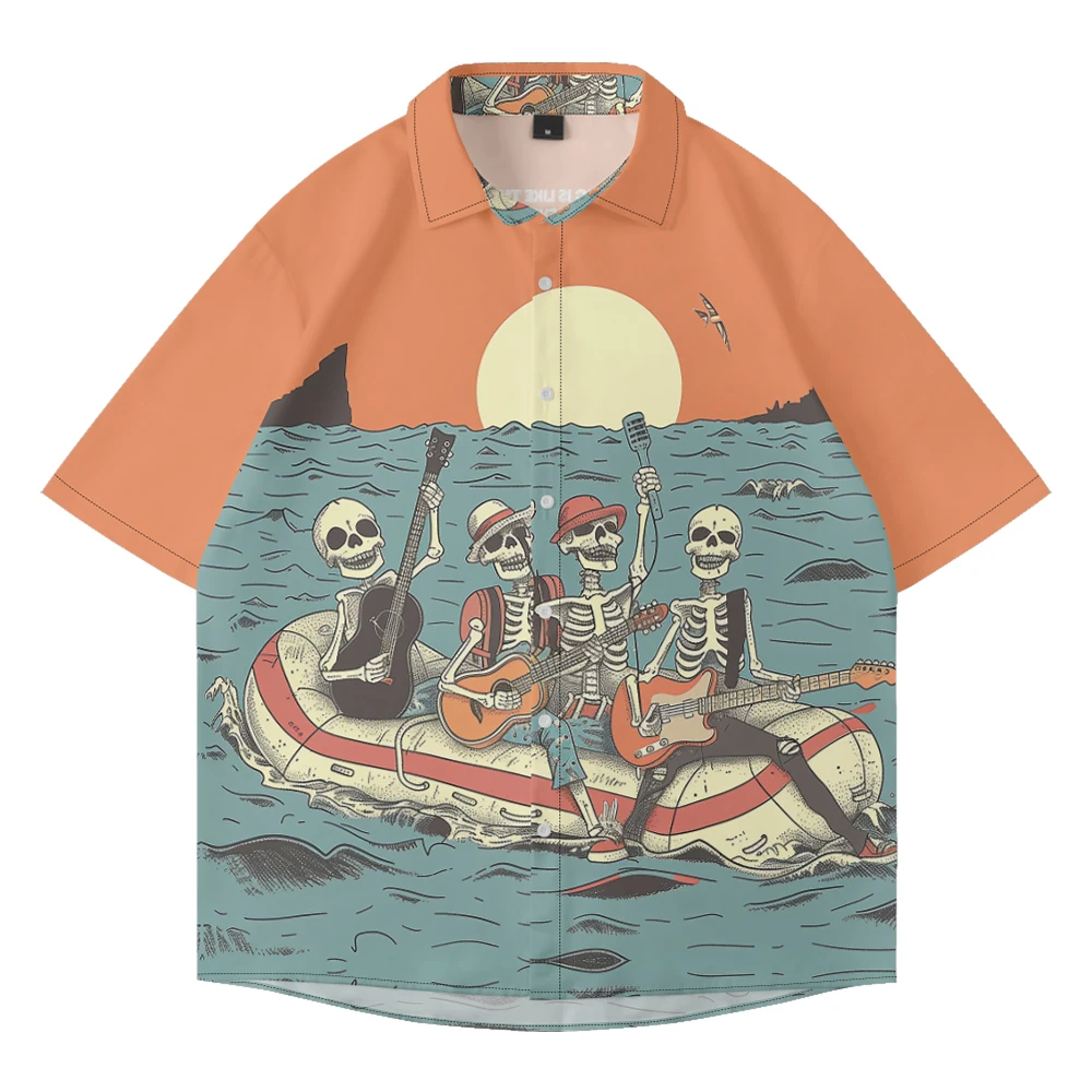 

Summer leisure travel large size short-sleeved shirt cartoon skull pattern color loose trend single row button fashion shirt