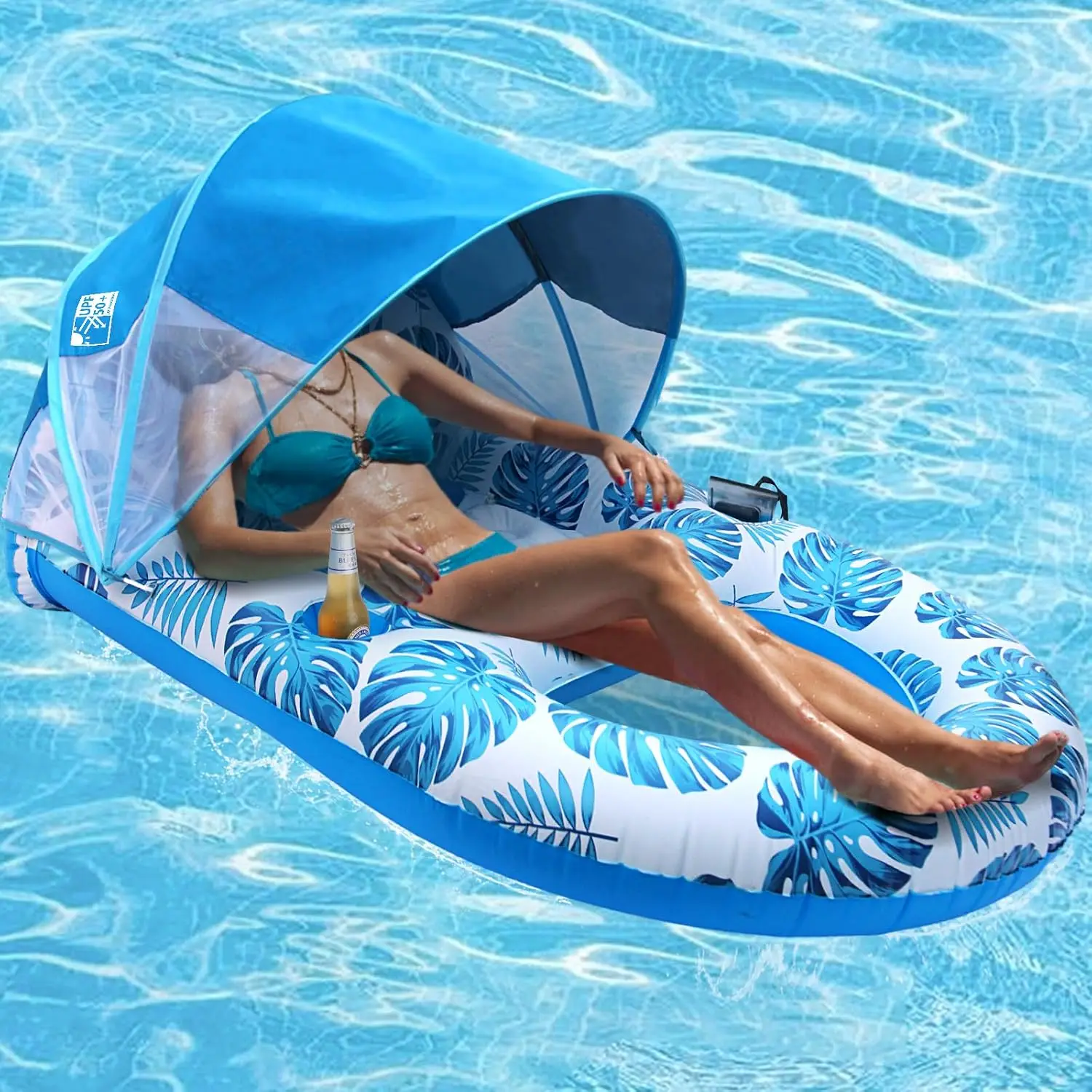 Extra Large Pool Float with Canopy UPF50+, Heavy Duty Inflatable Lounger for Adults with Cup Holder & Backrest